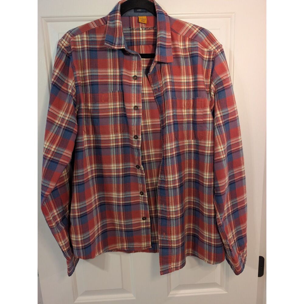 Tailor Vintage Luxe Performance Flannel Men's L Red Blue Plaid Stretch